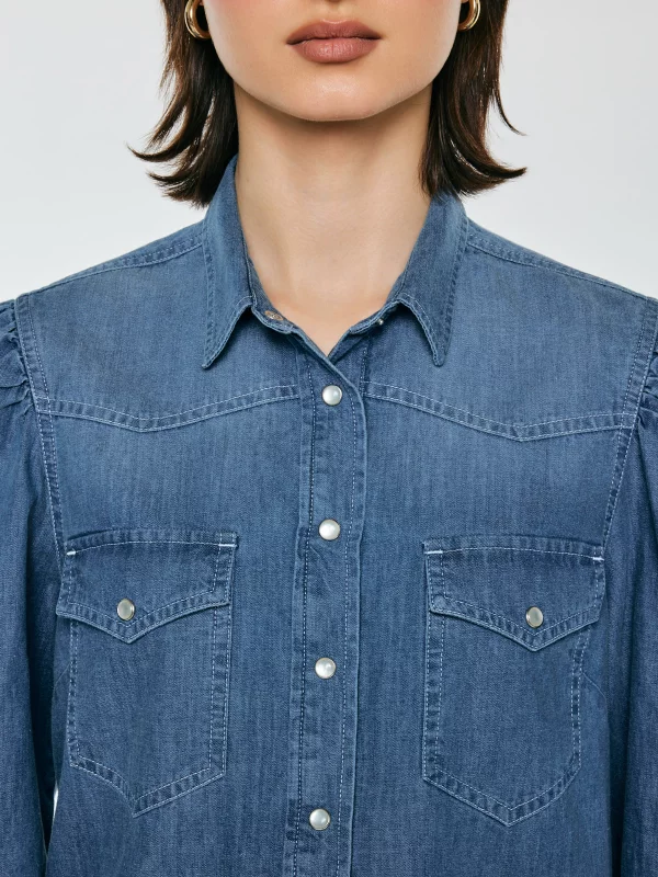 Koszula damska jeansowa z bufkami niebieska Indiana 164