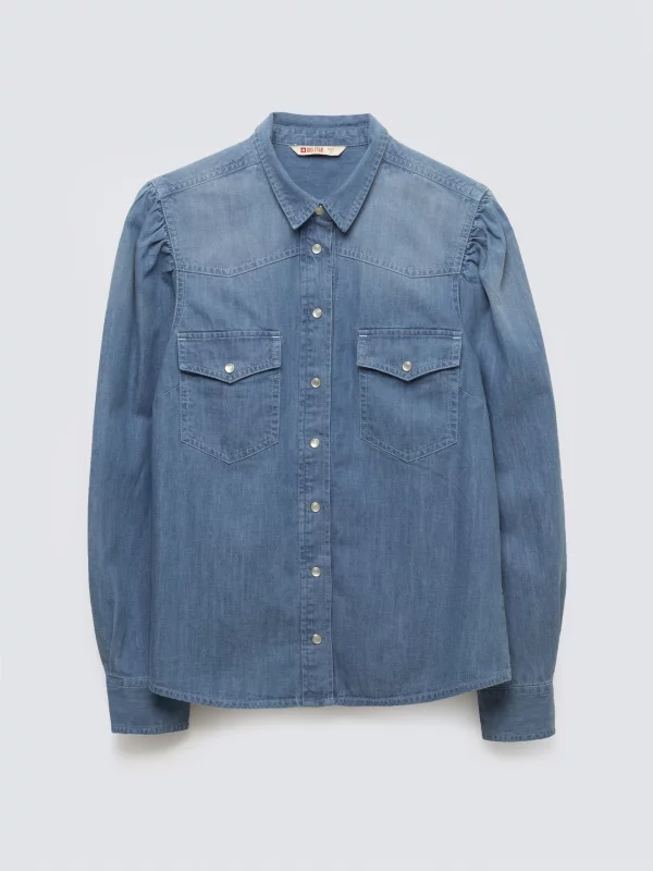 Koszula damska jeansowa z bufkami niebieska Indiana 164