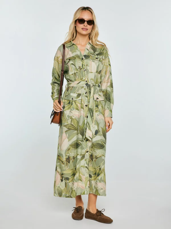 Sukienka damska midi lniana z wiązaniem w pasie zielona Jala 301