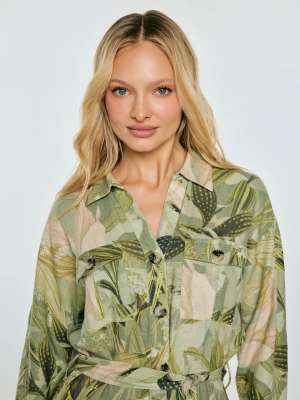 Sukienka damska midi lniana z wiązaniem w pasie zielona Jala 301