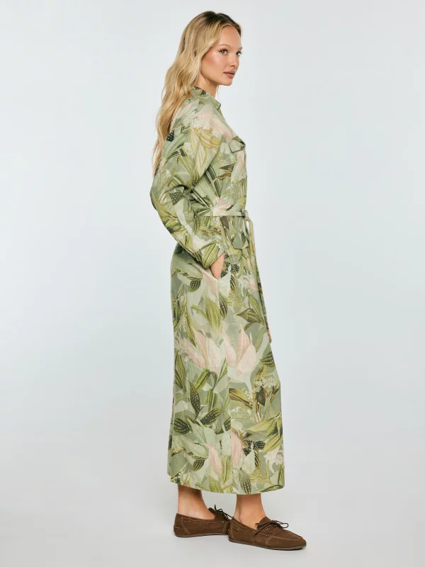 Sukienka damska midi lniana z wiązaniem w pasie zielona Jala 301