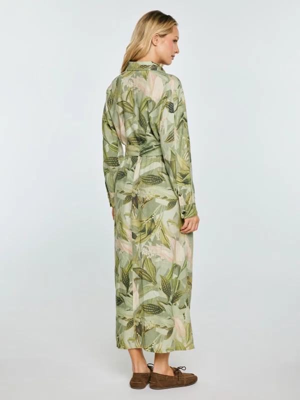 Sukienka damska midi lniana z wiązaniem w pasie zielona Jala 301