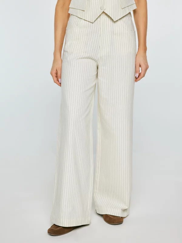 Spodnie damskie lniane z szeroką nogawką w prążek kremowe Kinnisi 102