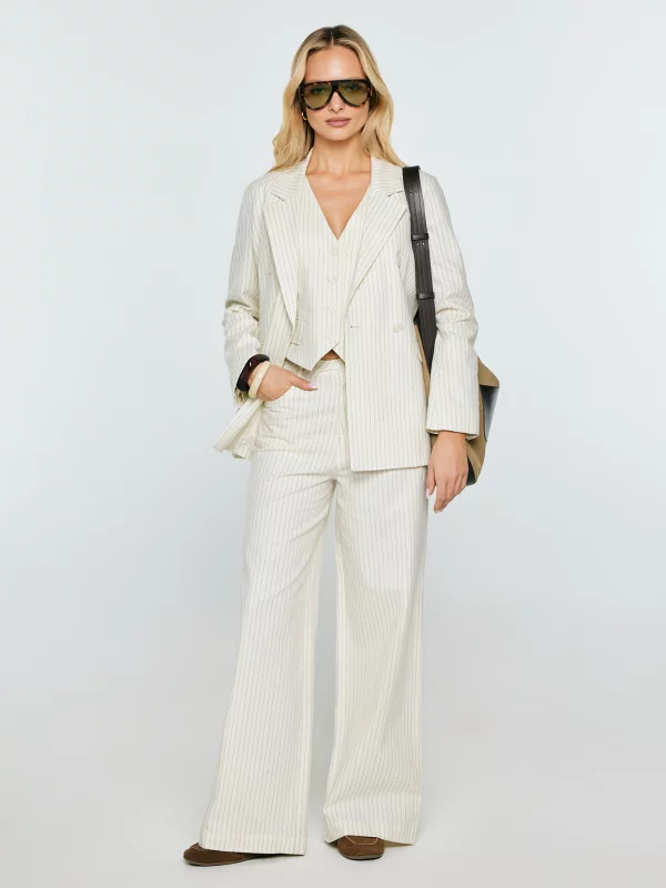 Spodnie damskie lniane z szeroką nogawką w prążek kremowe Kinnisi 102