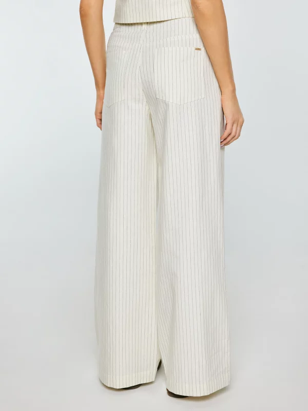Spodnie damskie lniane z szeroką nogawką w prążek kremowe Kinnisi 102