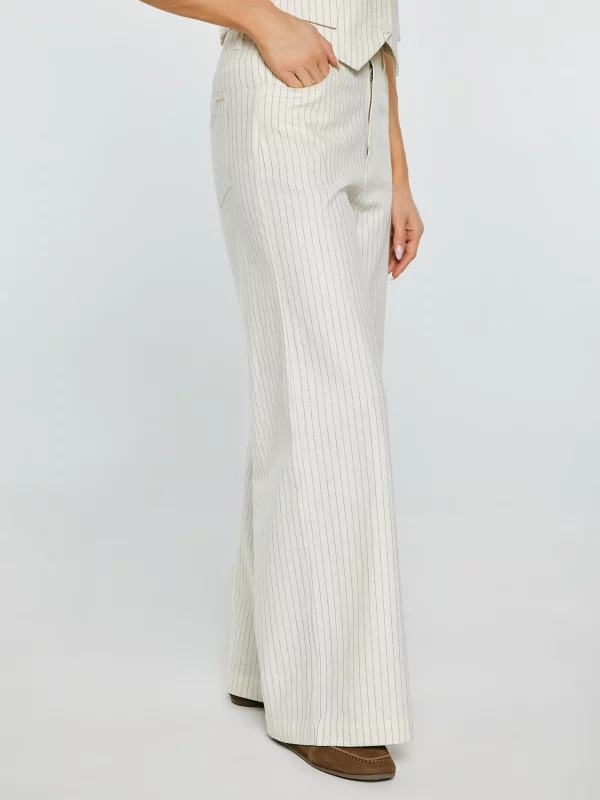 Spodnie damskie lniane z szeroką nogawką w prążek kremowe Kinnisi 102