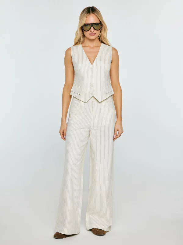 Spodnie damskie lniane z szeroką nogawką w prążek kremowe Kinnisi 102