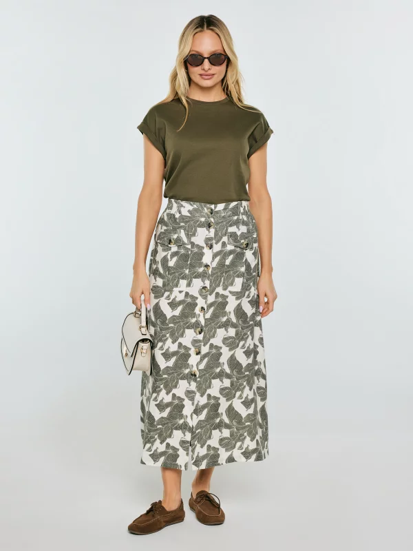 Spódnica damska lniana midi w roślinny wzór Roliana 000