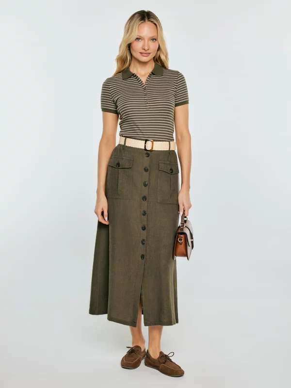 Spódnica damska lniana midi khaki Roliana 303