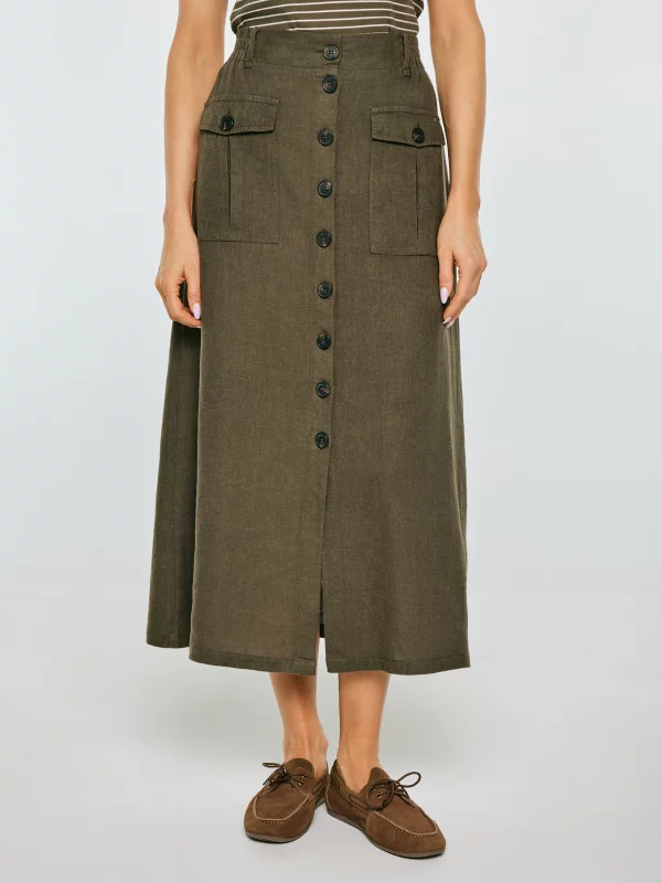 Spódnica damska lniana midi khaki Roliana 303