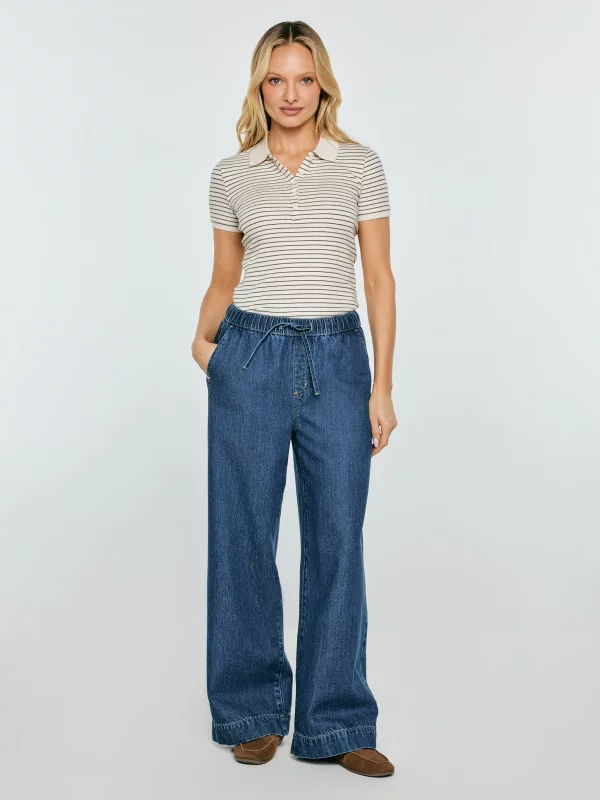 Jeansy damskie wide z pasem na gumkę niebieskie Suzie 387