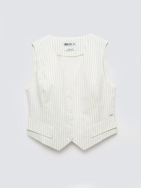 Kamizelka damska garniturowa lniana w prążek kremowa Kinniav 102