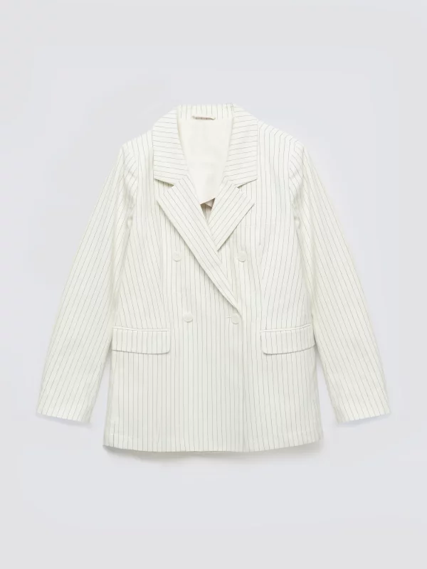 Marynarka damska lniana w prążek kremowa Kinnia 102