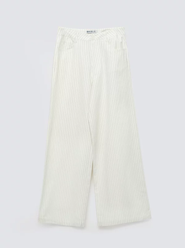 Spodnie damskie lniane z szeroką nogawką w prążek kremowe Kinnisi 102