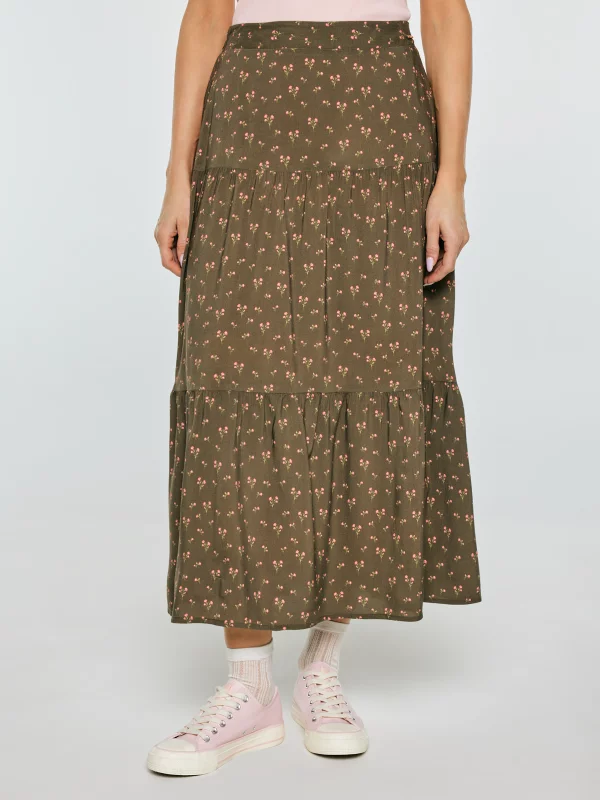 Spódnica damska midi z wiskozy z motywem kwiatowym khaki Vendi 303
