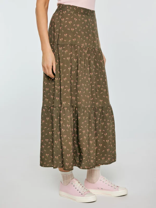 Spódnica damska midi z wiskozy z motywem kwiatowym khaki Vendi 303