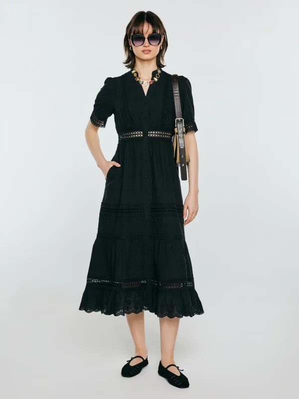 Sukienka damska midi z kwiatowym haftem czarna Aniela 906