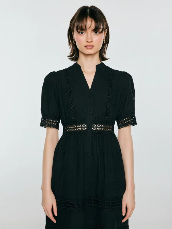 Sukienka damska midi z kwiatowym haftem czarna Aniela 906