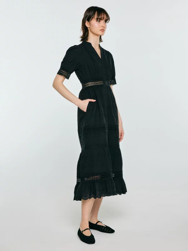 Sukienka damska midi z kwiatowym haftem czarna Aniela 906