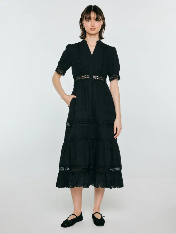 Sukienka damska midi z kwiatowym haftem czarna Aniela 906