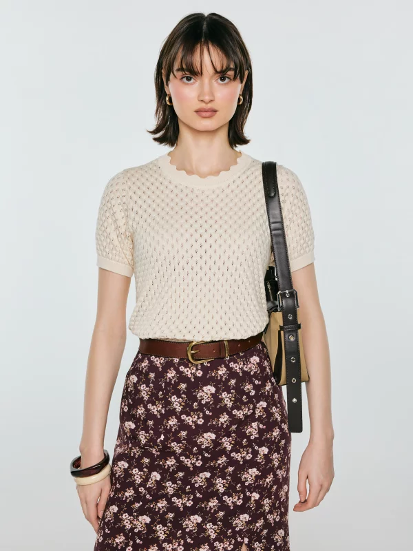 Sweter damski ażurowy z krótkim rękawem perłowy Diona 103