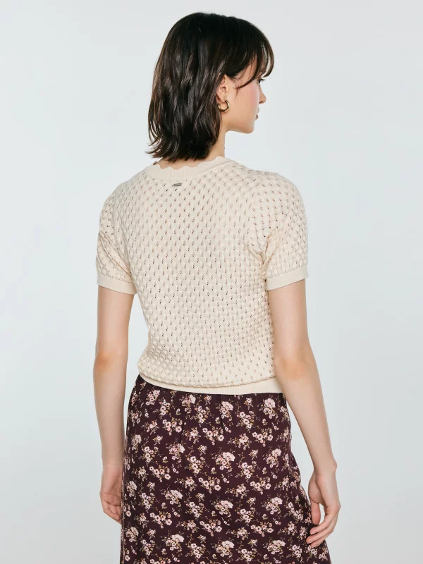 Sweter damski ażurowy z krótkim rękawem perłowy Diona 103