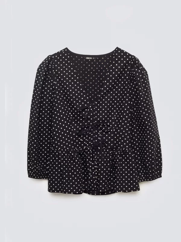 Bluzka damska z baskinką w kropki czarna Sori 906