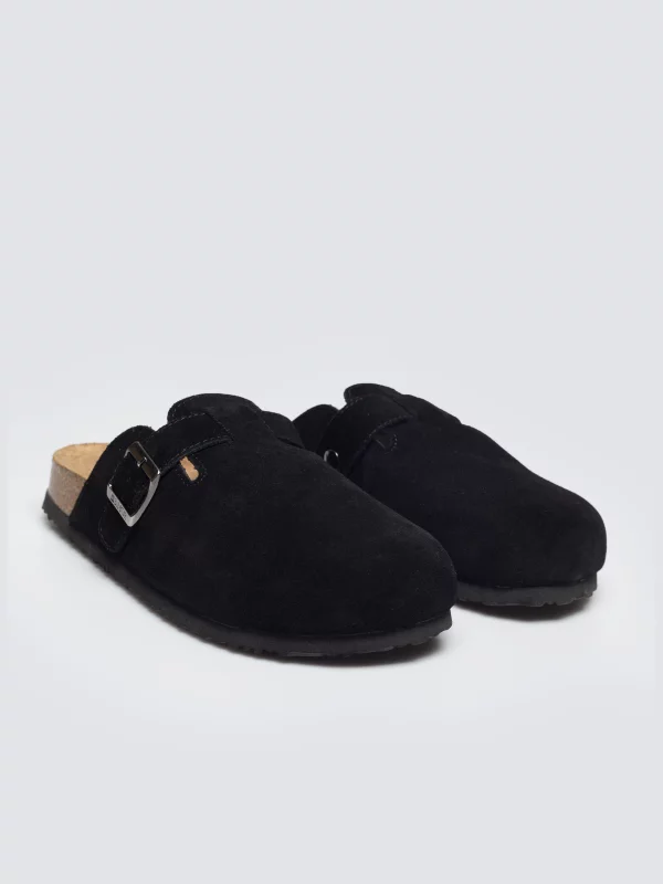 Klapki damskie z naturalnej skóry zamszowej czarne RR274A384 906