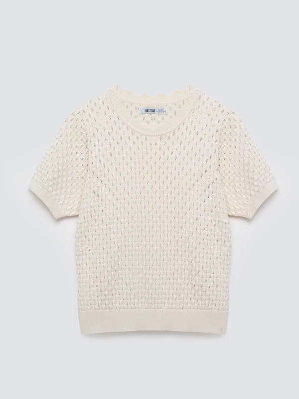 Sweter damski ażurowy z krótkim rękawem perłowy Diona 103