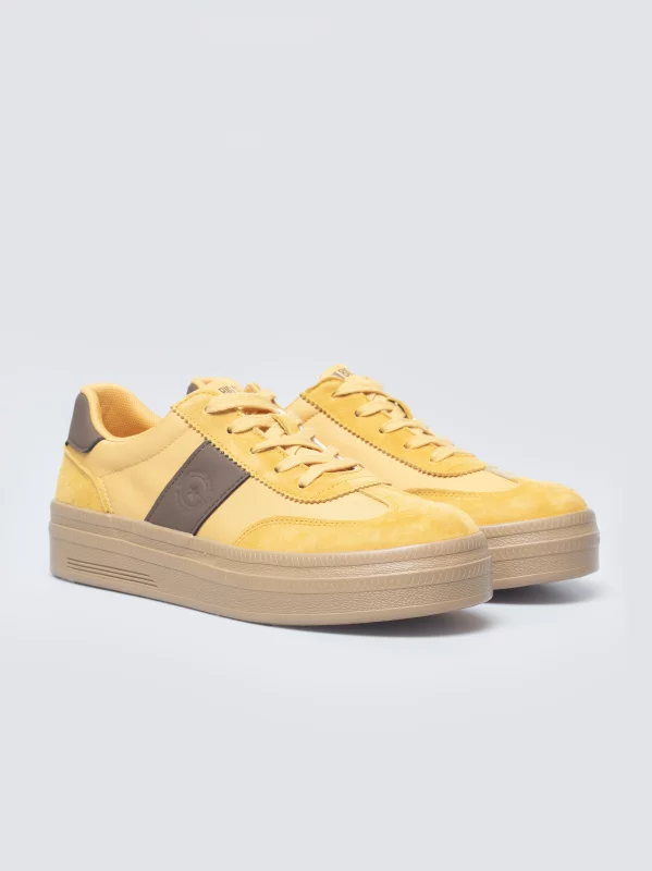 Sneakersy damskie ze skórzanymi wstawkami żółte TT274166 201