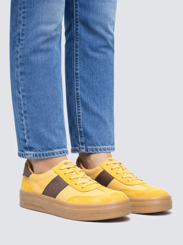 Sneakersy damskie ze skórzanymi wstawkami żółte TT274166 201