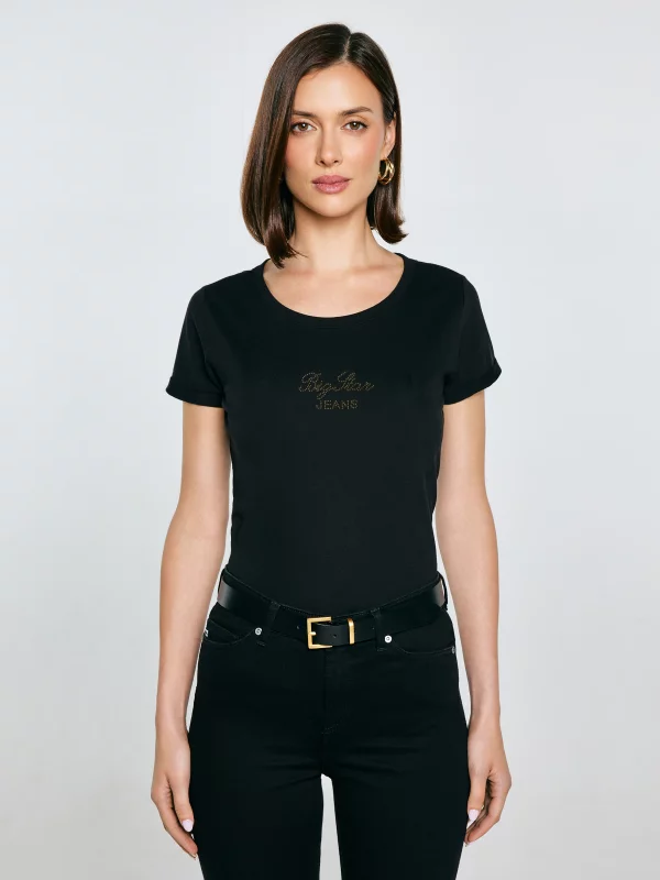 Koszulka damska z napisem z cyrkonii czarna Malvina 906