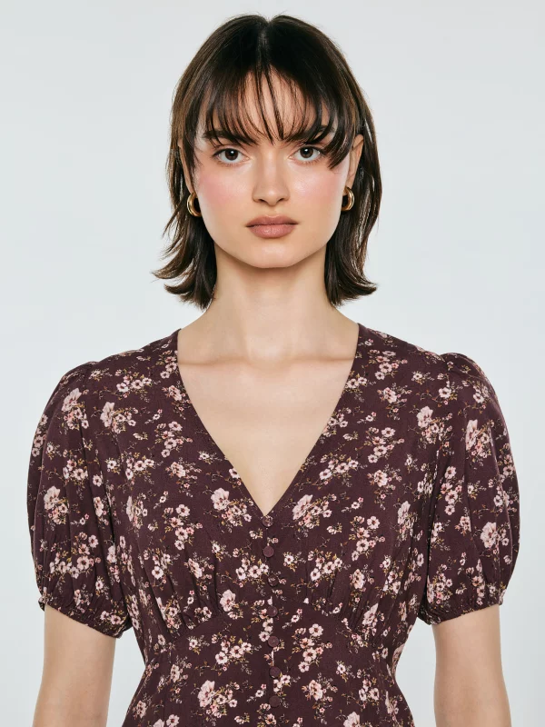 Sukienka damska midi z wiskozy w kwiatowy wzór brązowa Pala 804