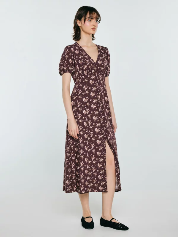 Sukienka damska midi z wiskozy w kwiatowy wzór brązowa Pala 804