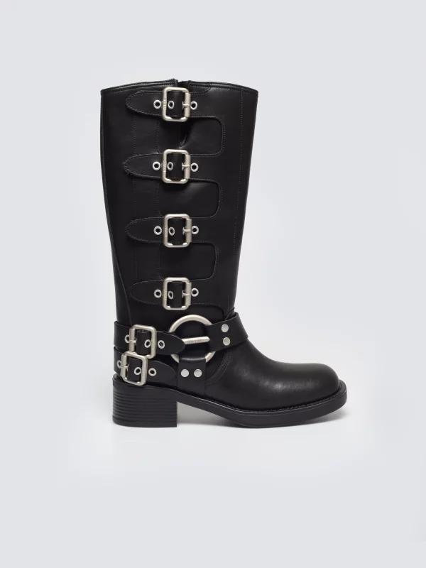 Kozaki damskie z ozdobnymi sprzączkami czarne OO274A201 906