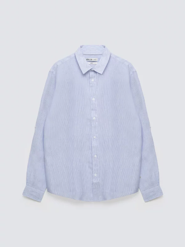 Lniana koszula męska w prążek jasnoniebieska Malekiws 400