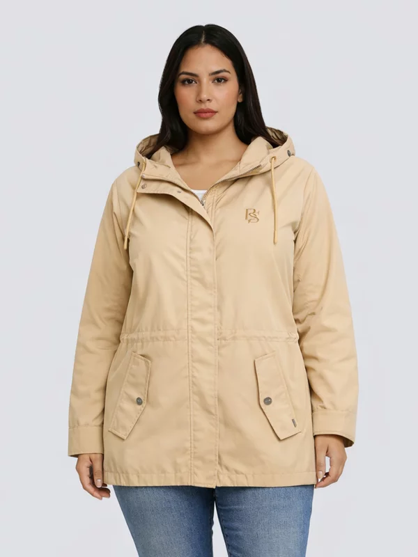 Kurtka damska przeciwdeszczowa z regulacją w talii z kapturem beżowa Lisa 801