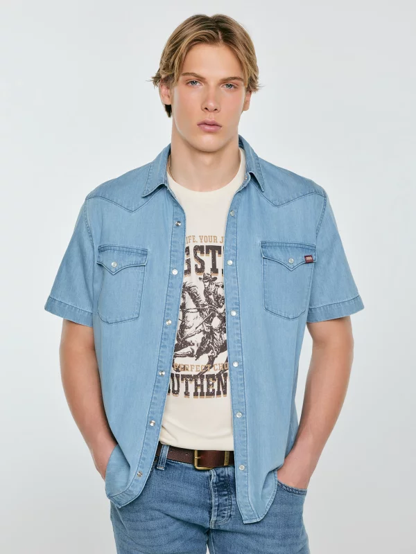 Koszula męska jeansowa z linii Authentic niebieska Short Sleeve Western 267