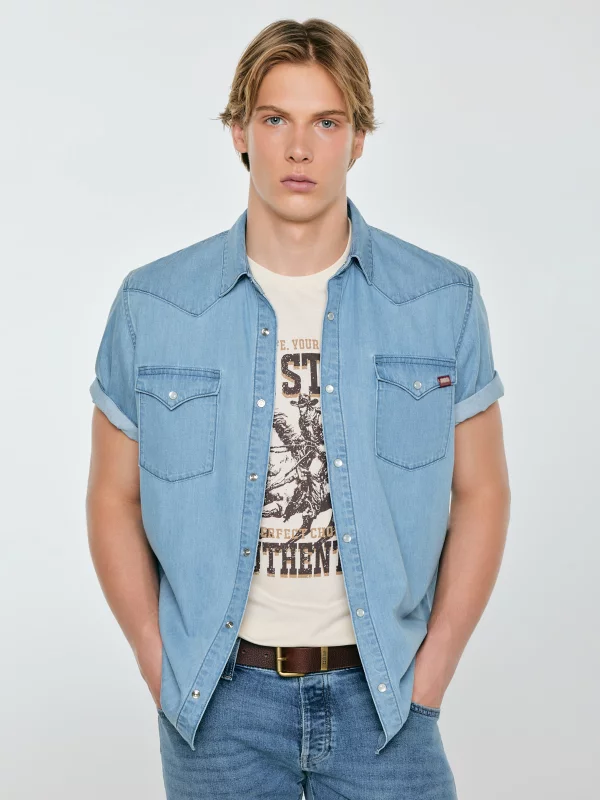 Koszula męska jeansowa z linii Authentic niebieska Short Sleeve Western 267