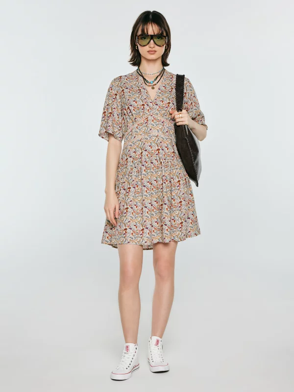 Sukienka damska mini z wiskozy z nadrukiem kremowa Viana 103