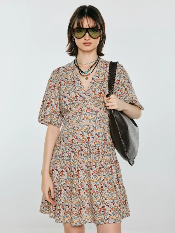 Sukienka damska mini z wiskozy z nadrukiem kremowa Viana 103