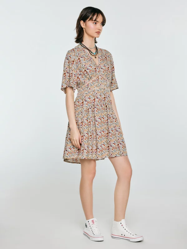 Sukienka damska mini z wiskozy z nadrukiem kremowa Viana 103