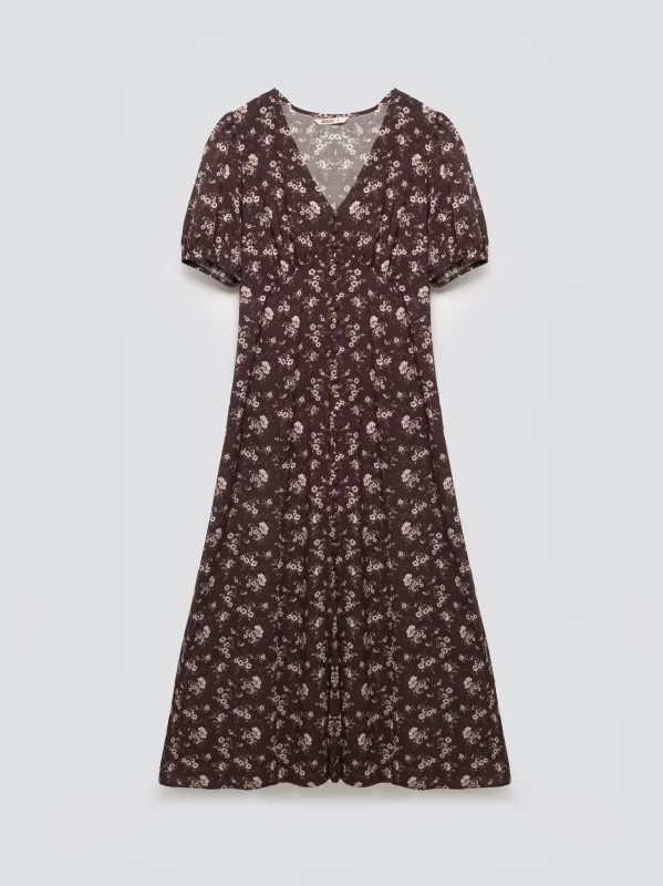 Sukienka damska midi z wiskozy w kwiatowy wzór brązowa Pala 804