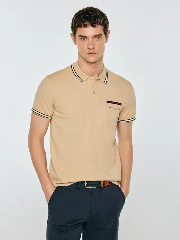 Koszulka męska polo z kontrastowym wykończeniem beżowa Polos 801