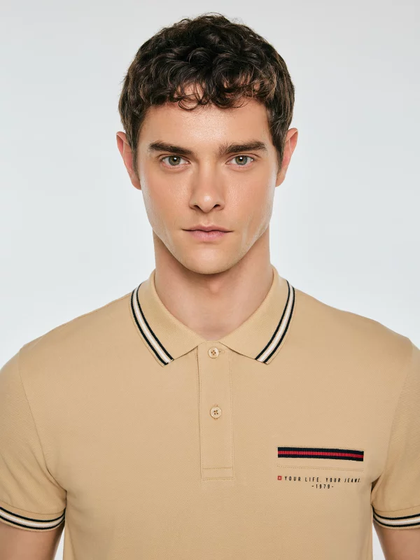 Koszulka męska polo z kontrastowym wykończeniem beżowa Polos 801