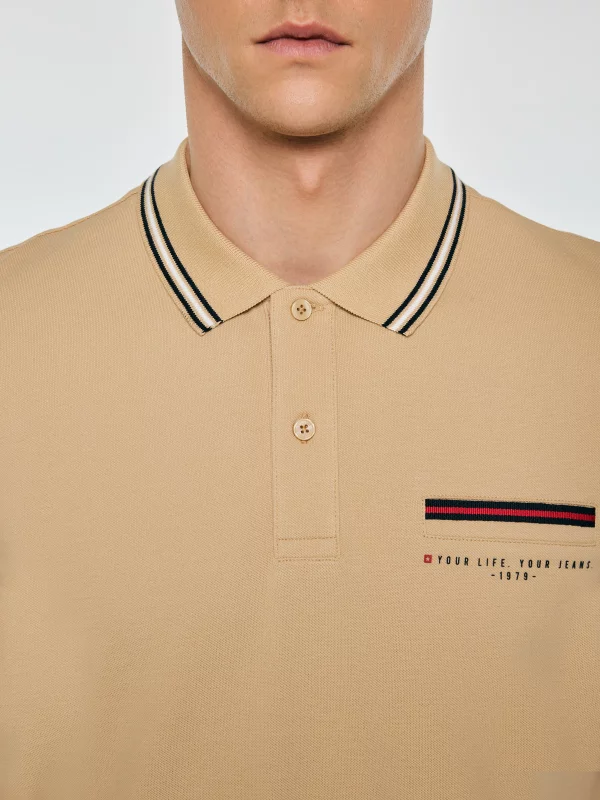 Koszulka męska polo z kontrastowym wykończeniem beżowa Polos 801