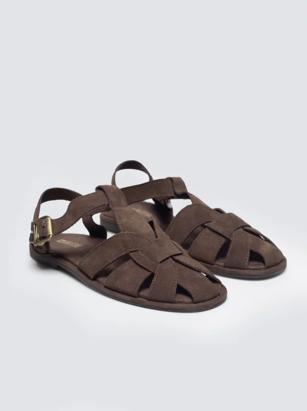 Sandały damskie z naturalnej skóry zamszowej brązowe TT274249 803