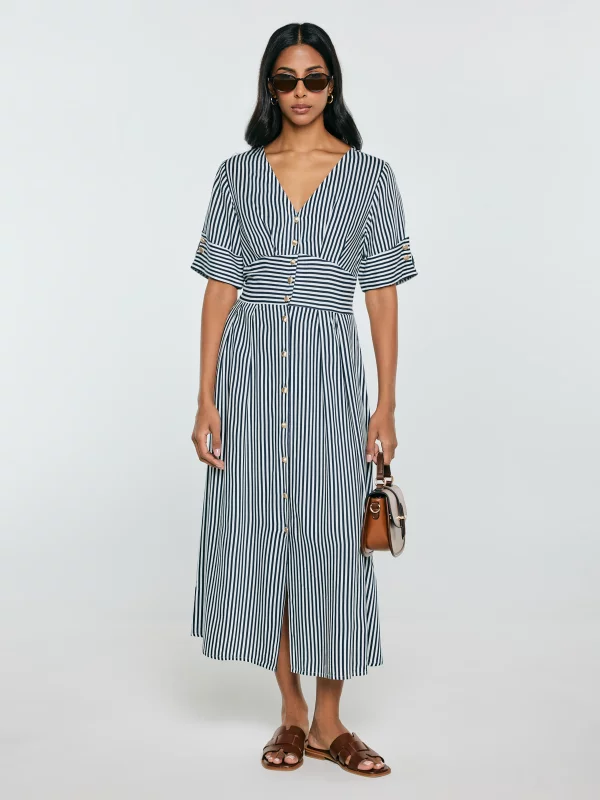 Sukienka damska midi z wiskozy w paski granatowo-białe Zissa 403