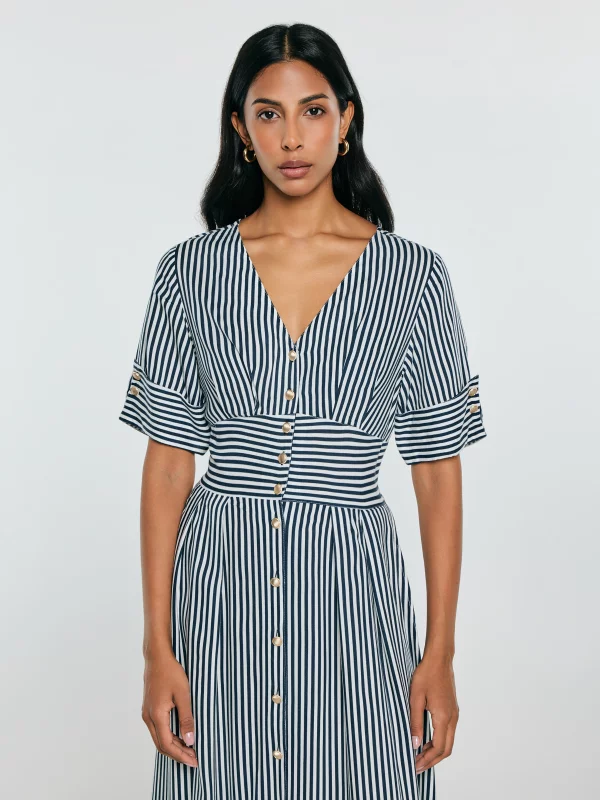 Sukienka damska midi z wiskozy w paski granatowo-białe Zissa 403