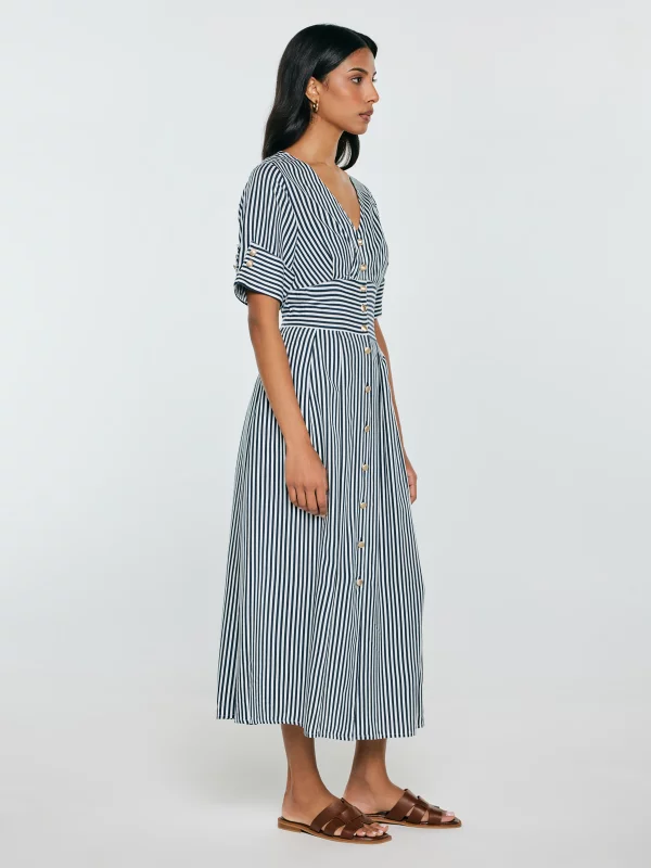 Sukienka damska midi z wiskozy w paski granatowo-białe Zissa 403
